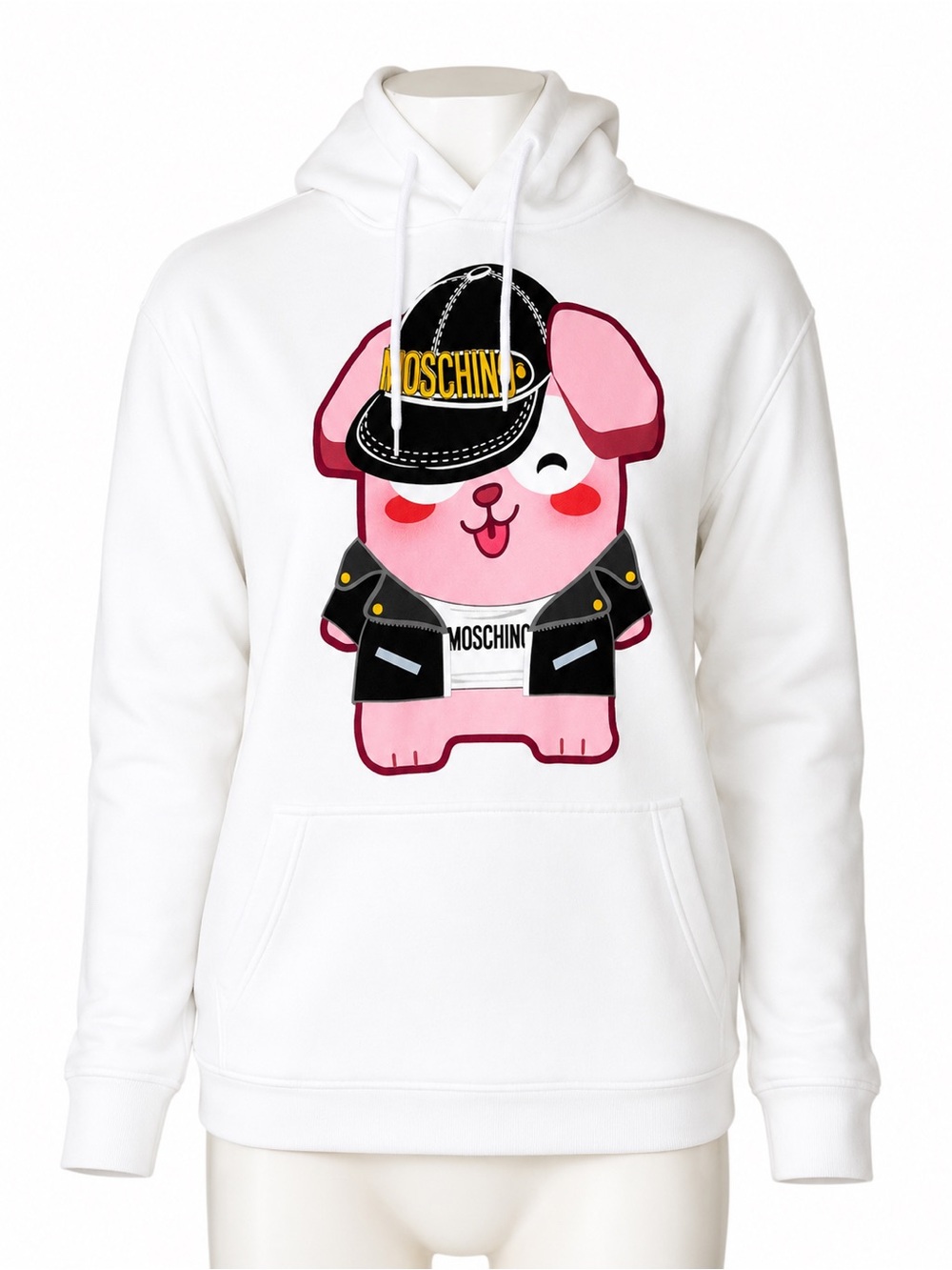 Moschino White Hoodie with Pink Puppy Motif and Black Accents